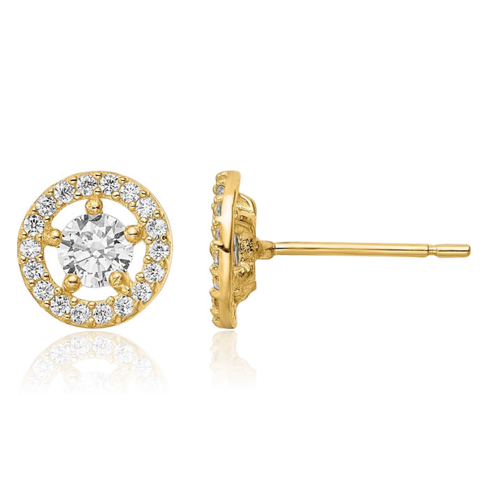 14K Solid Yellow Gold Cubic Zirconia CZ Halo Round Stud Earrings