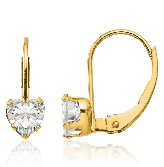 14K Solid Yellow Gold Cubic Zirconia CZ Heart Drop Dangle Earrings