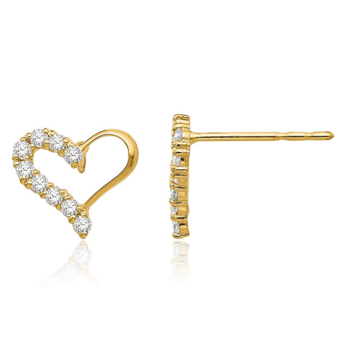 14K Solid Yellow Gold Cubic Zirconia CZ Heart Stud Earrings