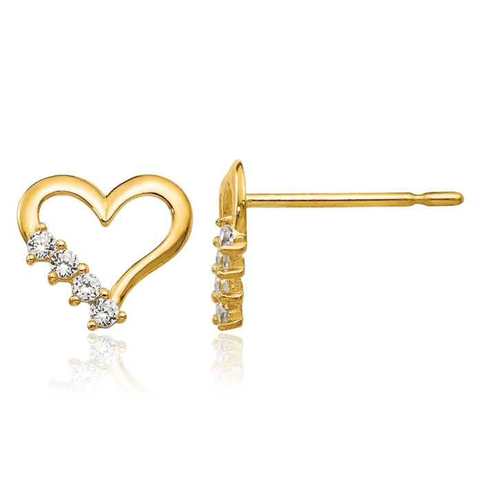 14K Solid Yellow Gold Cubic Zirconia CZ Heart Stud Earrings