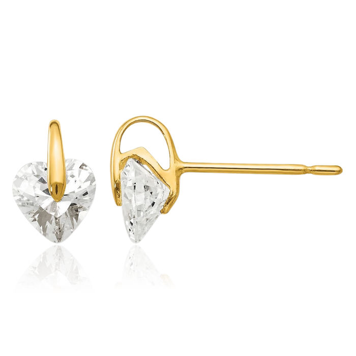 14K Solid Yellow Gold Cubic Zirconia CZ Heart Stud Earrings