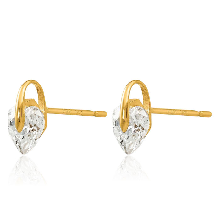 14K Solid Yellow Gold Cubic Zirconia CZ Heart Stud Earrings