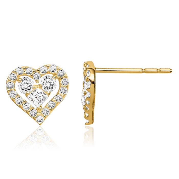 14K Solid Yellow Gold Cubic Zirconia CZ Heart Stud Earrings