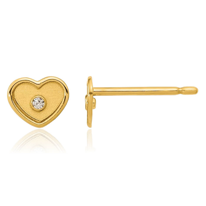 14K Solid Yellow Gold Cubic Zirconia CZ Heart Stud Earrings