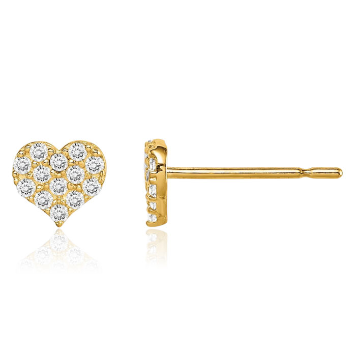 14K Solid Yellow Gold Cubic Zirconia CZ Heart Stud Earrings