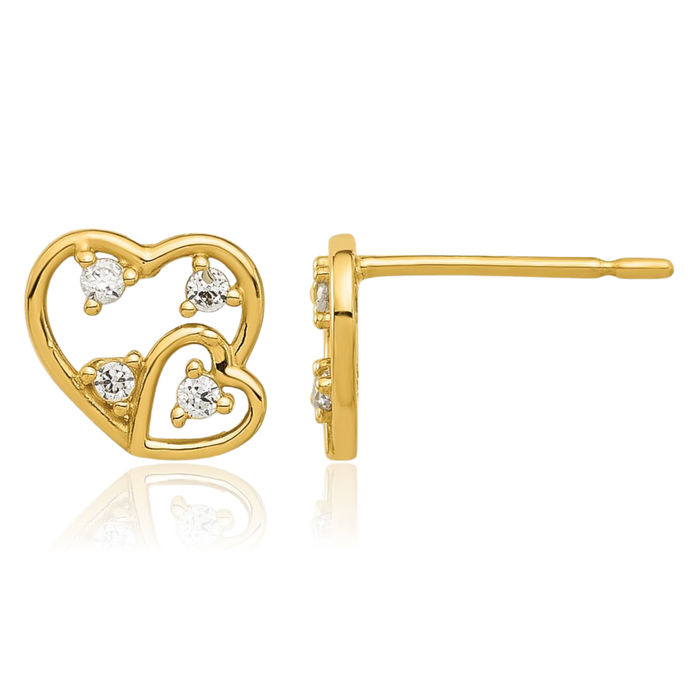 14K Solid Yellow Gold Cubic Zirconia CZ Heart Stud Earrings