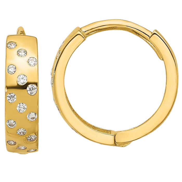 14K Solid Yellow Gold Cubic Zirconia CZ Huggie Round Small Hoop Earrings