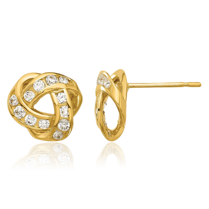 14K Solid Yellow Gold Cubic Zirconia CZ Twisted Love Knot Symbol Stud Earrings