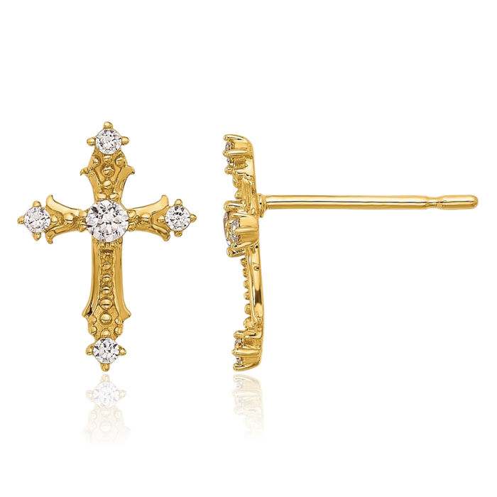 14K Solid Yellow Gold Cubic Zirconia CZ Passion Holy Cross Drop Dangle Christian Religious Stud Earrings