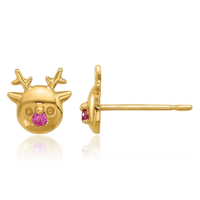 14K Solid Yellow Gold Cubic Zirconia CZ Reindeer Stud Earrings