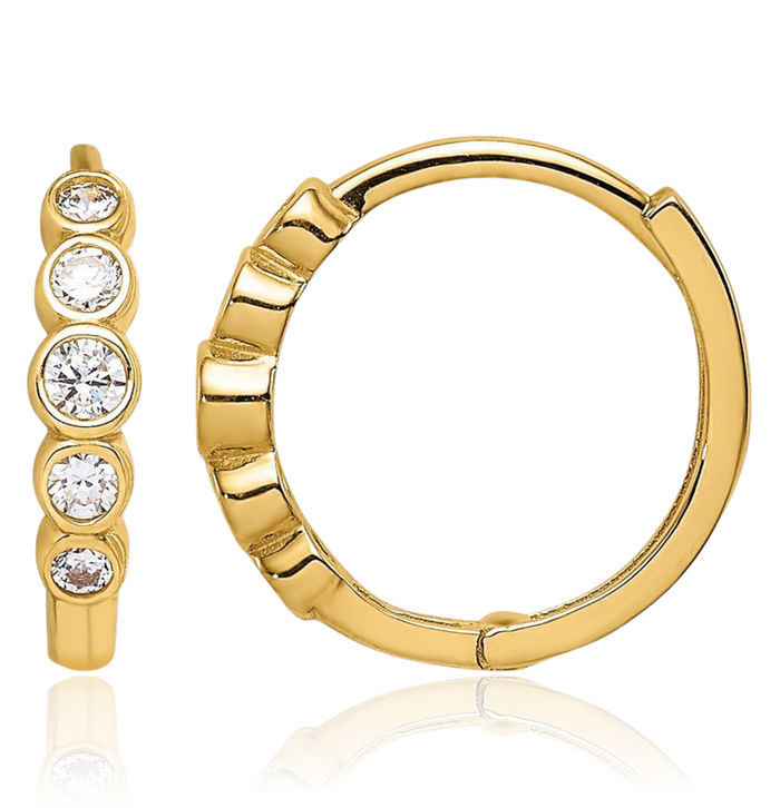 14K Solid Yellow Gold Cubic Zirconia CZ Round Huggie Small Hoop Earrings