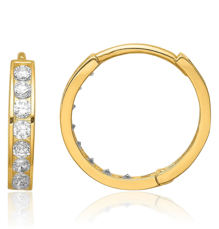 14K Solid Yellow Gold Cubic Zirconia CZ Round Huggie Small Hoop Earrings