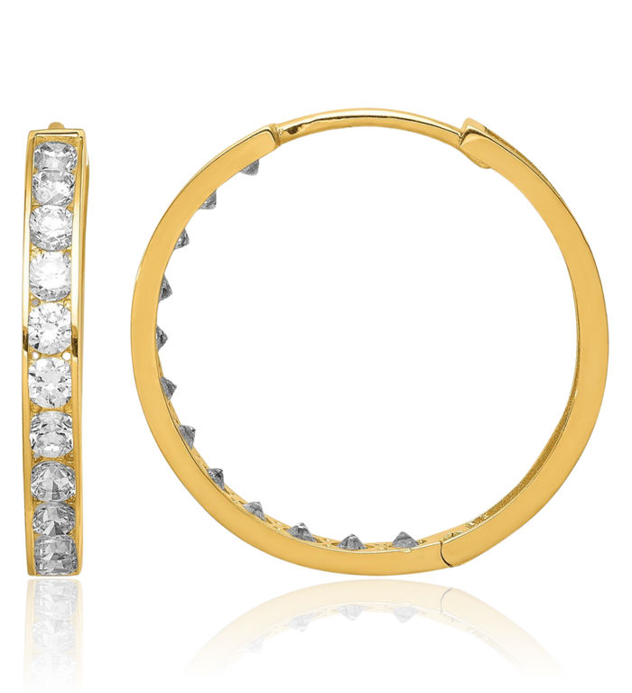 14K Solid Yellow Gold Cubic Zirconia CZ Round Medium Hoop Earrings