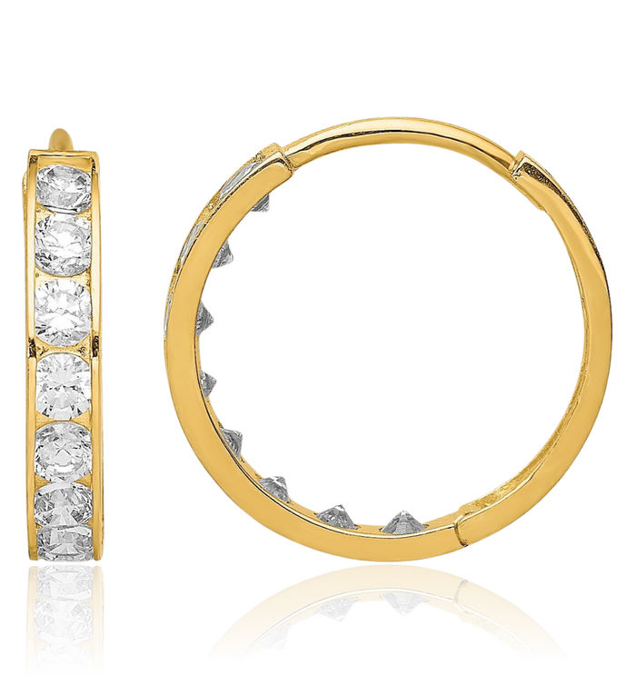 14K Solid Yellow Gold Cubic Zirconia CZ Round Small Hoop Earrings