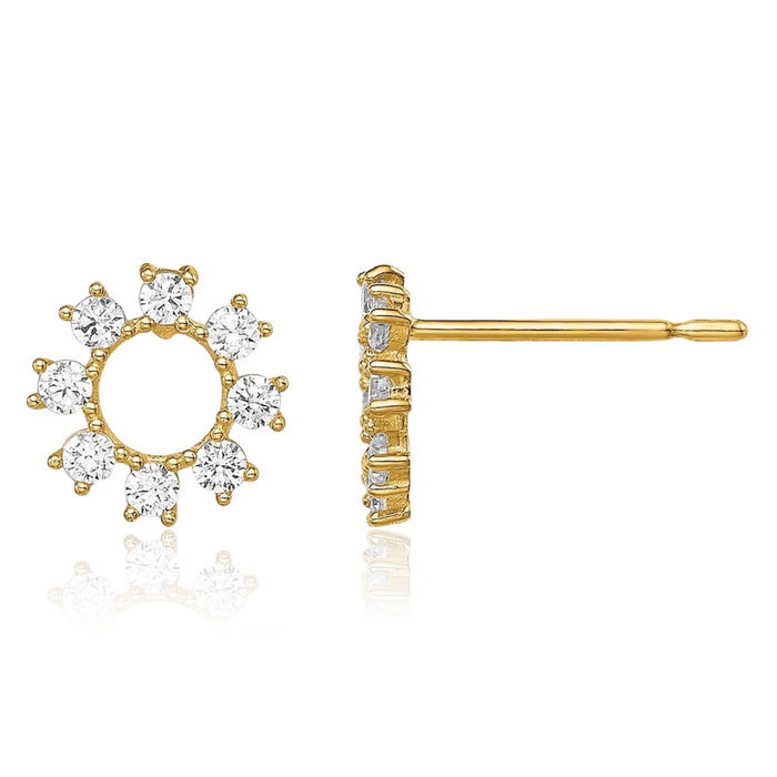 14K Solid Yellow Gold Cubic Zirconia CZ Circle Round Stud Earrings