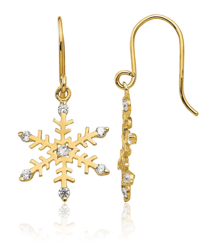 14K Solid Yellow Gold Cubic Zirconia CZ Snowflake Drop Dangle Earrings