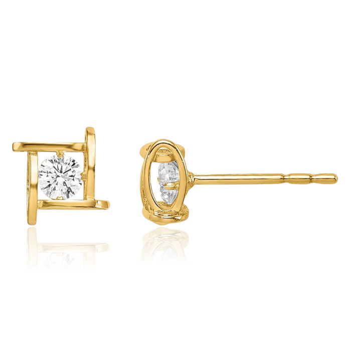 14K Solid Yellow Gold Cubic Zirconia CZ Square Stud Earrings