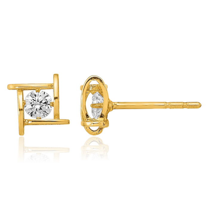 14K Solid Yellow Gold Cubic Zirconia CZ Square Stud Earrings