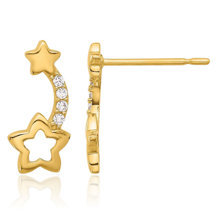 14K Solid Yellow Gold Cubic Zirconia CZ Stars Stud Earrings