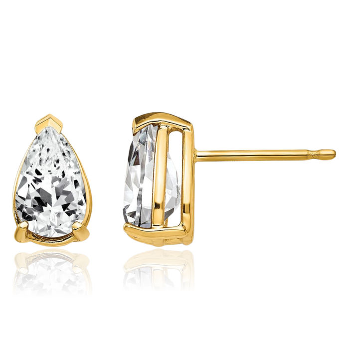 14K Solid Yellow Gold Cubic Zirconia CZ Studs Pear Teardrop Gemstone Solitaire Earrings April Birthstone Jewelry