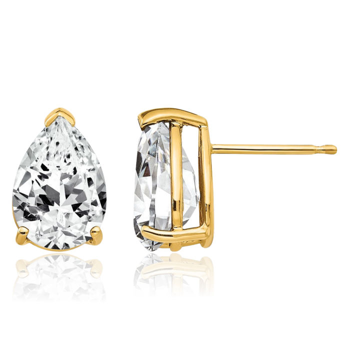 14K Solid Yellow Gold Cubic Zirconia CZ Studs Pear Teardrop Gemstone Solitaire Earrings April Birthstone Jewelry