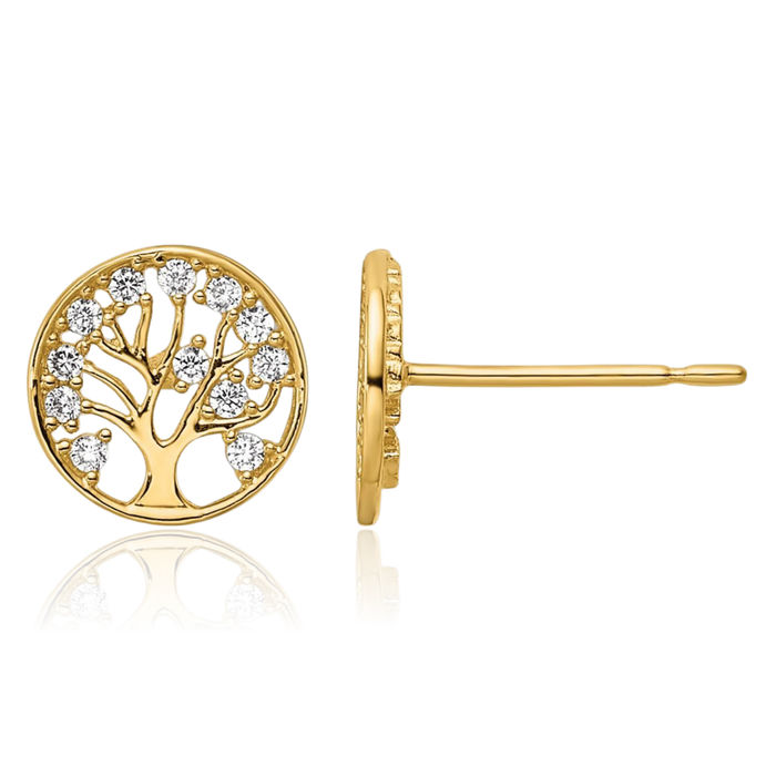 14K Solid Yellow Gold Cubic Zirconia CZ Tree of Life Stud Earrings