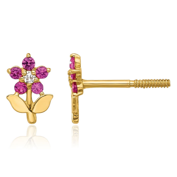 14K Solid Yellow Gold Dark Pink White Cubic Zirconia CZ Flower Screw Back Stud Earrings