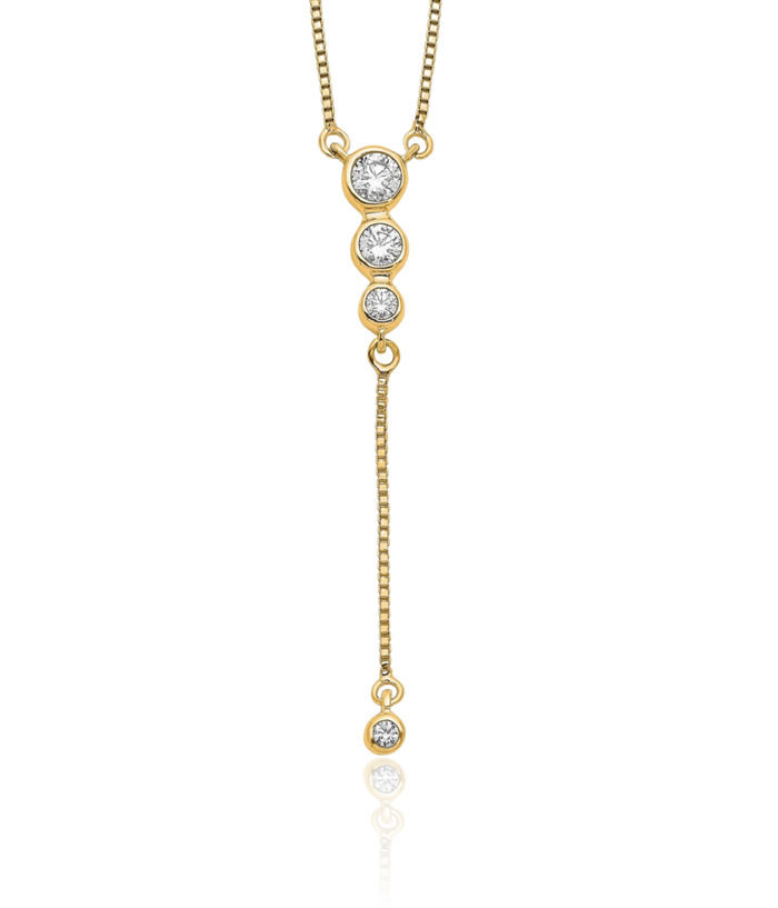 14K Solid Yellow Gold Diamond 3 Stone Dangling Necklace Chain