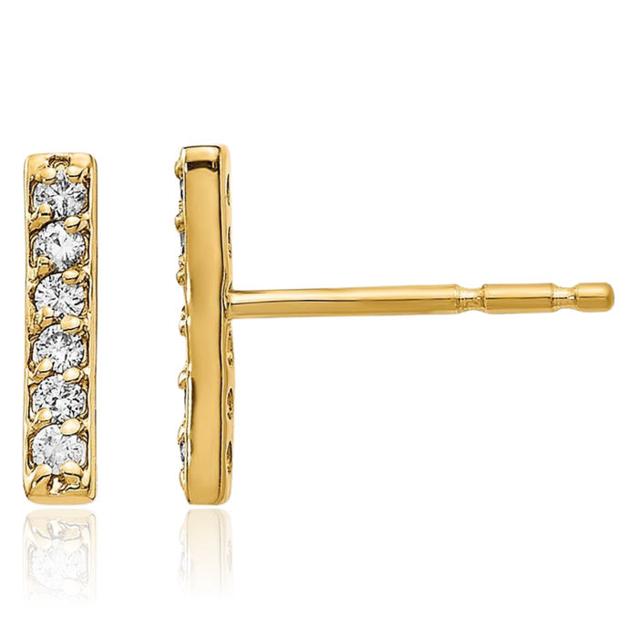 14K Solid Yellow Gold Diamond Bar Drop Dangle Line Stud Earrings