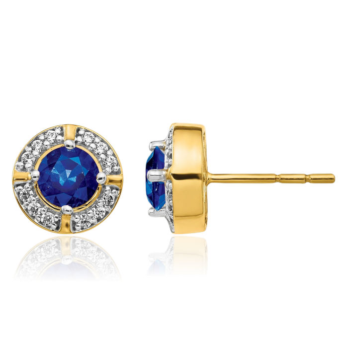 14K Solid Yellow Gold Diamond Blue Sapphire Halo Round Stud Earrings Gemstone Post Push Back September Birthstone Jewelry