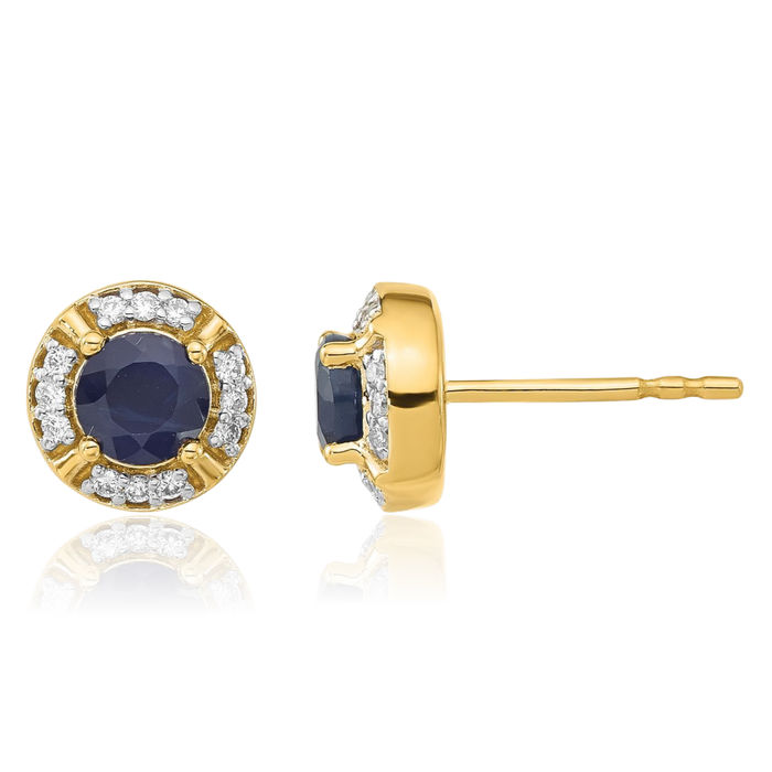 14K Solid Yellow Gold Diamond Blue Sapphire Halo Round Stud Earrings Gemstone Post Push Back September Birthstone Jewelry