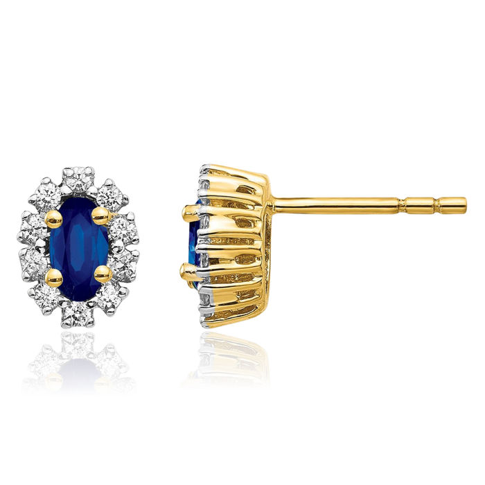 14K Solid Yellow Gold Diamond Blue Sapphire Oval Halo Studs Gemstone Earrings