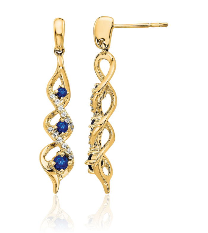 14K Solid Yellow Gold Diamond Blue Sapphire Post Drop Dangle Earrings Gemstone Push Back September Birthstone Jewelry