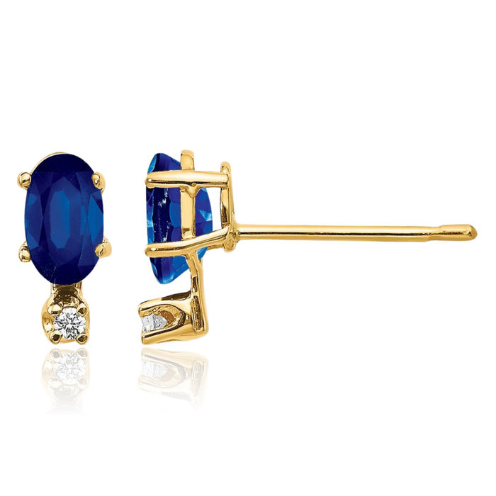 14K Solid Yellow Gold Diamond Blue Sapphire Stud Earrings April September Birthstone Jewelry