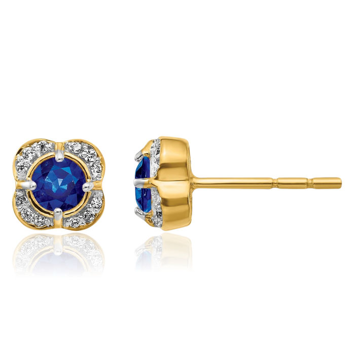 14K Solid Yellow Gold Diamond Blue Sapphire Stud Earrings Gemstone Post Push Back September Birthstone Jewelry