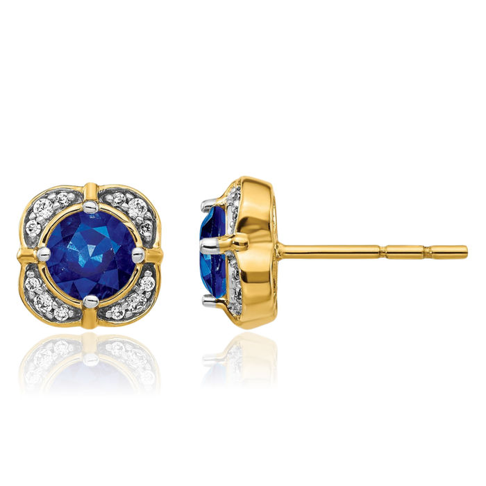 14K Solid Yellow Gold Diamond Blue Sapphire Stud Earrings Gemstone Post Push Back September Birthstone Jewelry