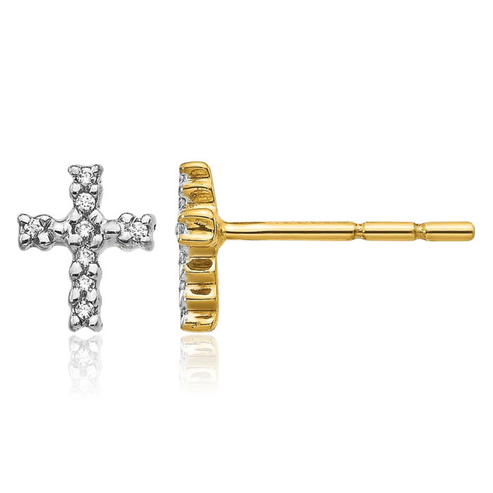 14K Solid Yellow Gold Diamond Holy Cross Drop Dangle Christian Religious Stud Earrings