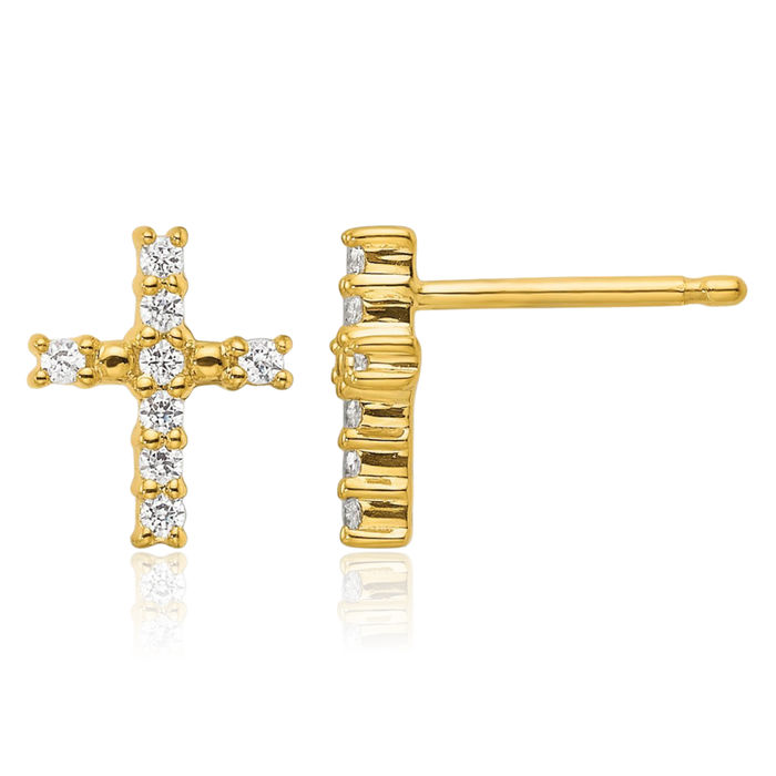 14K Solid Yellow Gold Diamond Holy Cross Drop Dangle Christian Religious Stud Earrings