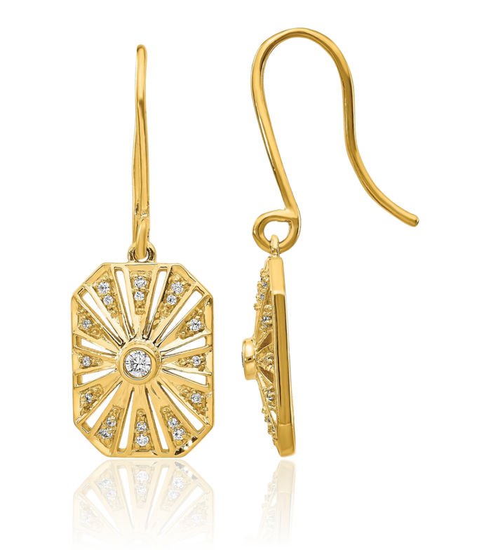 14K Solid Yellow Gold Diamond Vintage Drop Dangle Earrings