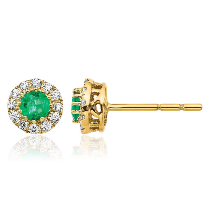 14K Solid Yellow Gold Diamond Green Emerald Halo Round Studs Gemstone Earrings May Birthstone Jewelry