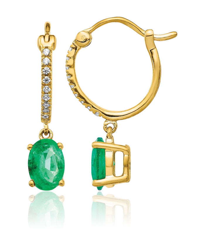 14K Solid Yellow Gold Diamond Green Emerald Medium Hoop Drop Dangle Earrings Gemstone May Birthstone Jewelry