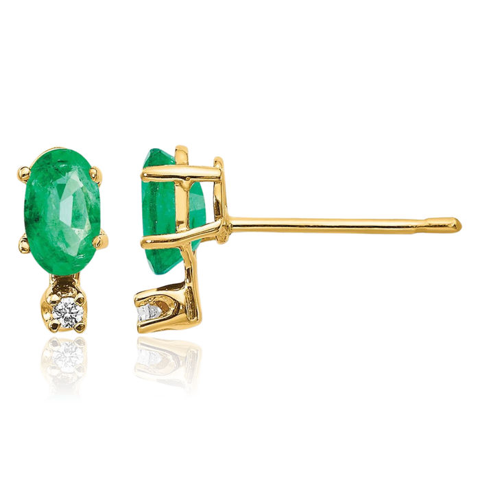 14K Solid Yellow Gold Diamond Green Emerald Stud Earrings April May Birthstone Jewelry