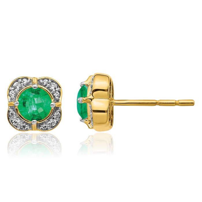 14K Solid Yellow Gold Diamond Green Emerald Stud Earrings Gemstone Post Push Back May Birthstone Jewelry