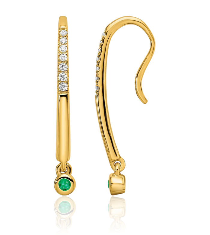 14K Solid Yellow Gold Diamond Green Emerald Wire Drop Dangle Earrings Gemstone Threader