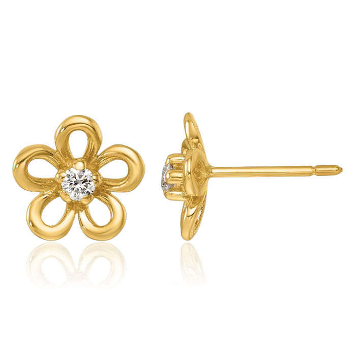 14K Solid Yellow Gold Diamond Flower Stud Earrings