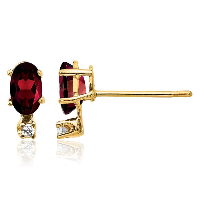 14K Solid Yellow Gold Diamond Red Garnet Stud Earrings April January Birthstone Jewelry