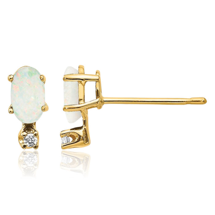 14K Solid Yellow Gold Diamond Opal Stud Earrings April October Birthstone Jewelry