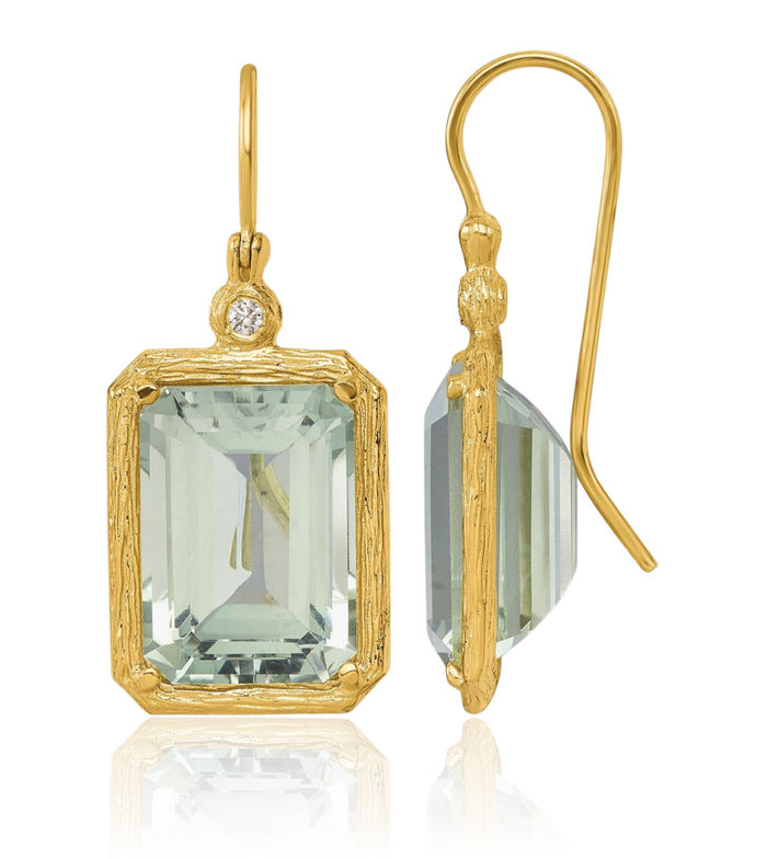 14K Solid Yellow Gold Diamond Green Quartz Shephard Hook Drop Dangle Earrings