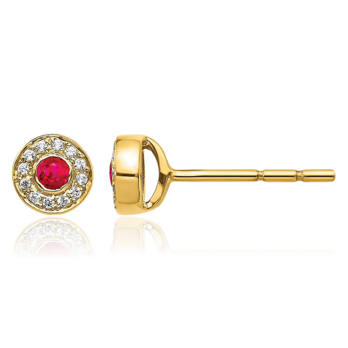 14K Solid Yellow Gold Diamond Red Ruby Halo Round Stud Earrings July Birthstone Jewelry