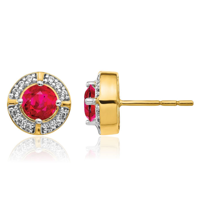 14K Solid Yellow Gold Diamond Red Ruby Halo Round Studs Gemstone Earrings July Birthstone Jewelry